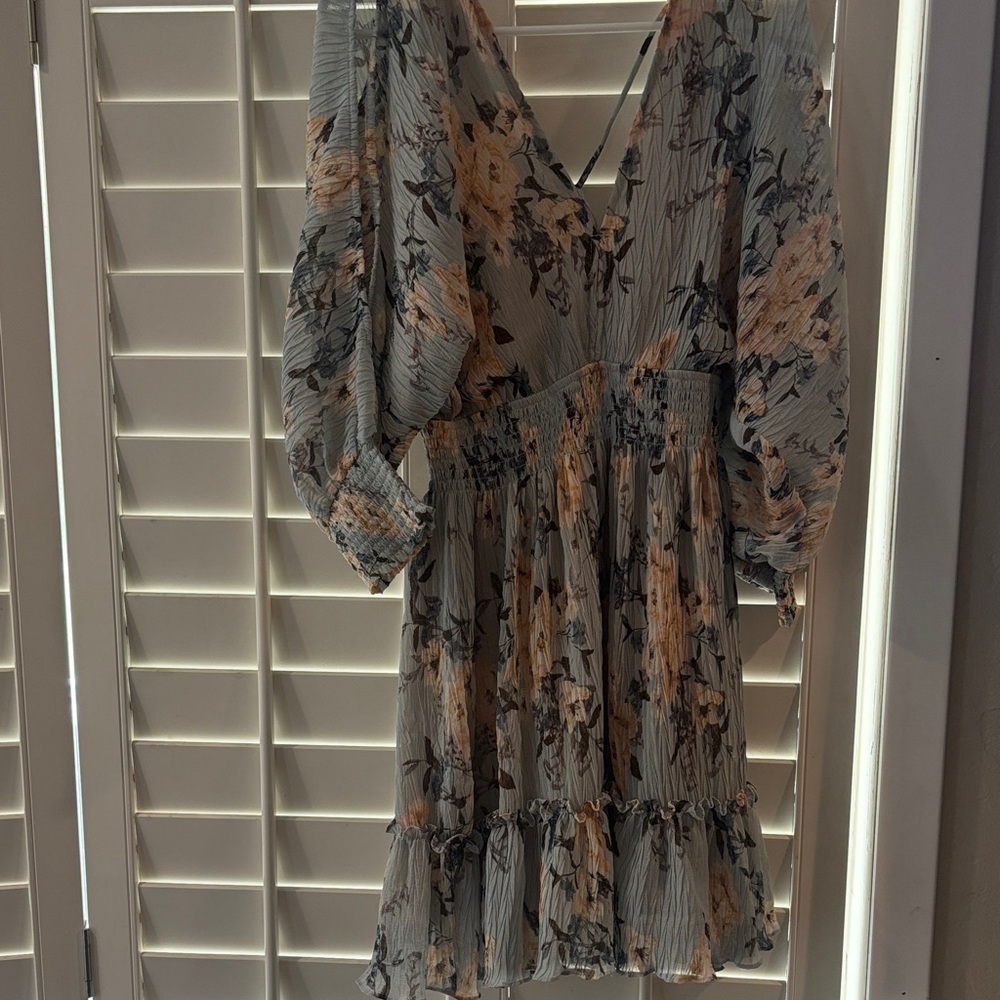 Lovestitch Floral Long Sleeve Dress - Gray and Peach